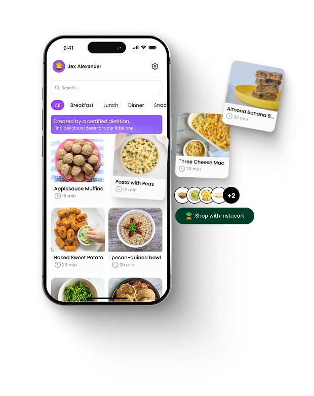 Baba app interface showing healthy meals for toddlers